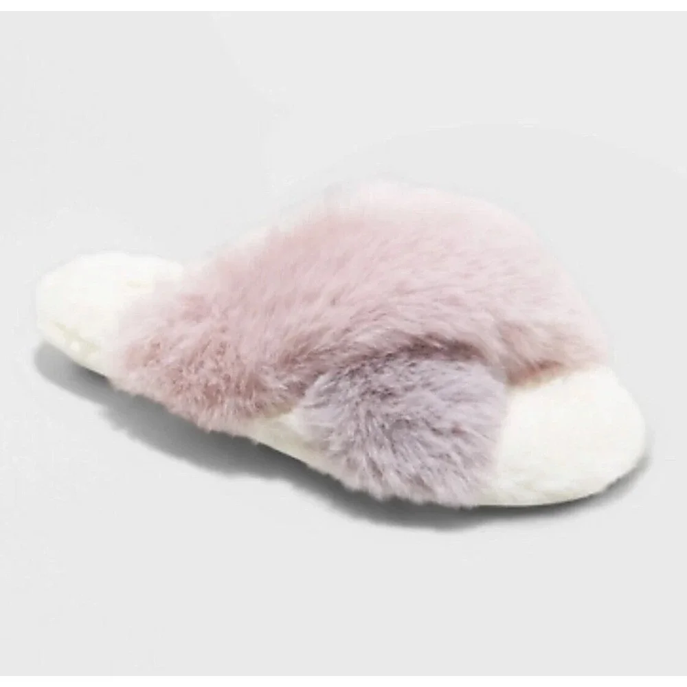 Cat & Jack Slide Slippers Girl Crossband Faux Fur Lavender Gray Size Large NWT